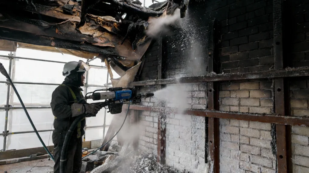 Fire damage dry ice cleaning removing soot from brick and steel.