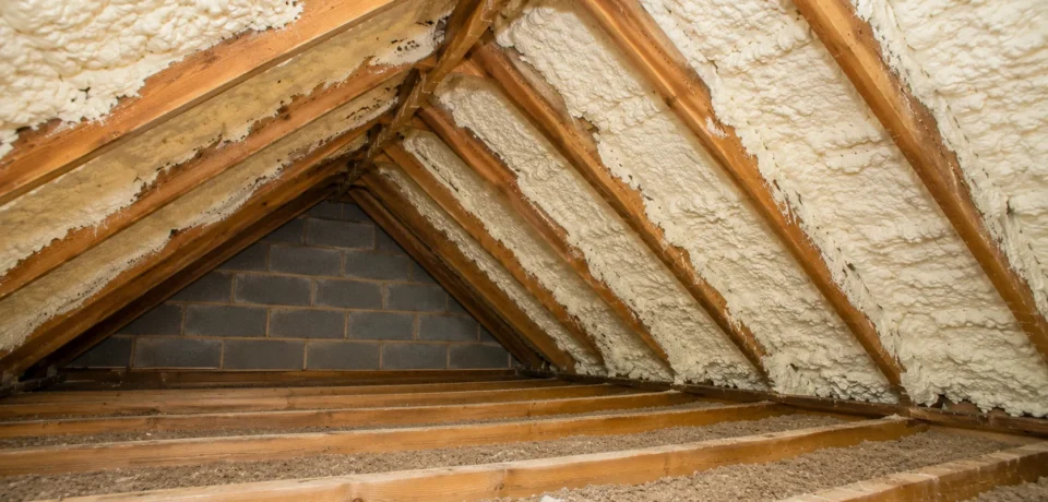 Loft & Attic roof with spray foam insulation covering timber rafters in UK home