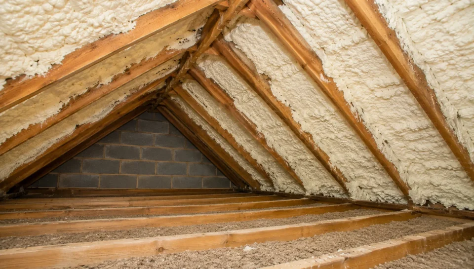 Loft & Attic roof with spray foam insulation covering timber rafters in UK home