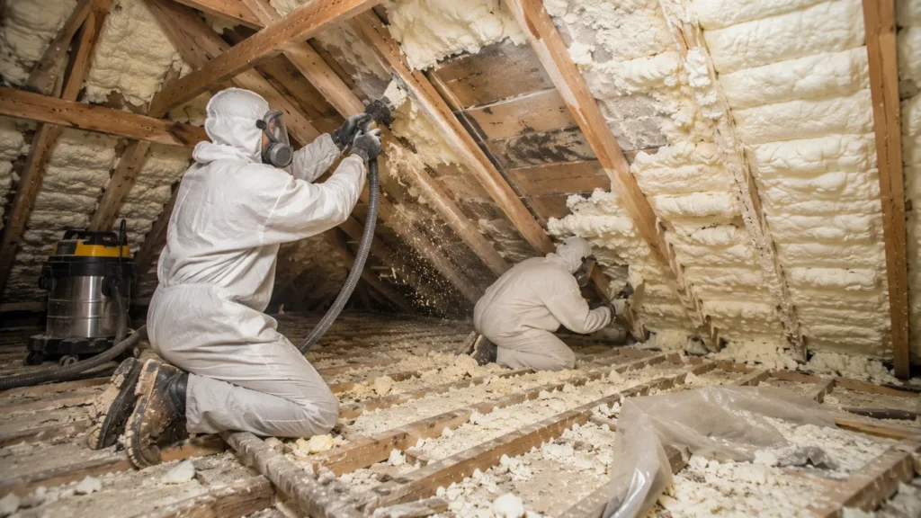 Workers carrying out professional Loft & Attic spray foam removal in UK roof space